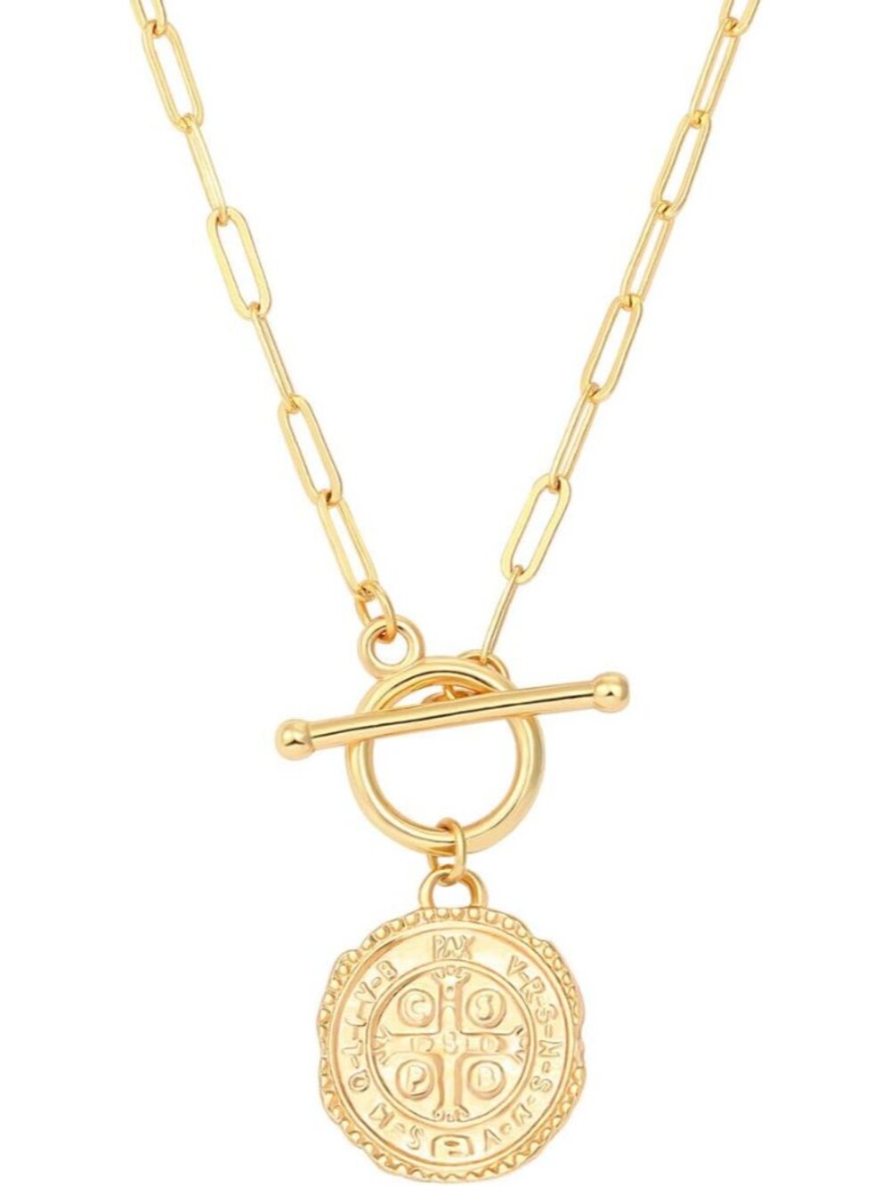Saint Benedict Necklace Drop 18K Gold Toggle Medallion Coin Cross Pendant Neckla